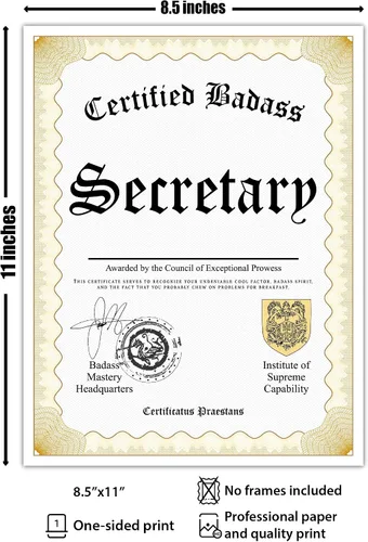 Vista 2 de Diploma certificado de secretaria Badass Divertido certificado de premio de novedad de idea de regalo de broma de carrera personalizada