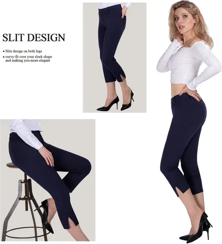 Vista 4 de PUWEER Pantalones capri para mujer, elegantes, casuales, elásticos, rectos con bolsillos