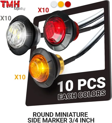 Vista 2 de TMH 30 piezas 3/4 pulgadas 10 luces ámbar + 10 luces rojas + 10 luces blancas, 3 LED, luces indicadoras de despeje, luces marcadoras laterales, mini