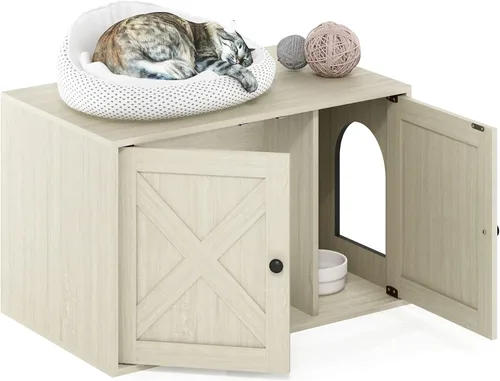 Vista 16 de Caja de arena Furinno Peli, Pequeña, Americano Entrada lateral, muebles ocultos, casa de madera para mascotas con puertas, fácil montaje