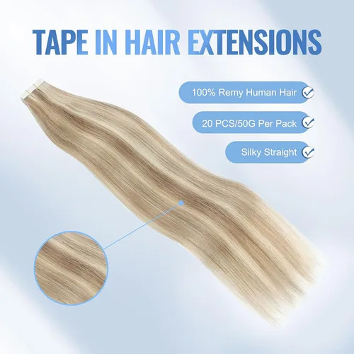 Vista 3 de Sixstarhair Extensiones de cabello con cinta adhesiva, color marrón claro, mezclado con rubio ceniza, sin costuras, lacio, 18 pulgadas, 1.76 onzas