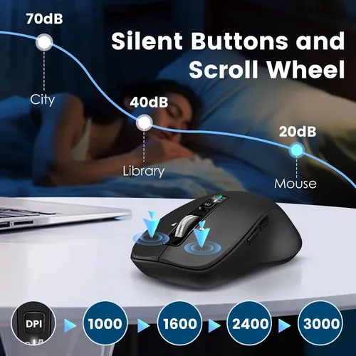 Vista 6 de CITLLA Mouse inalámbrico Bluetooth (USB + BT1 + BT2), tamaño completo, desplazamiento de 4 vías, mouse silencioso multidispositivo para computadora