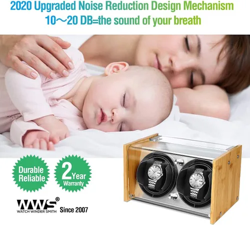 Vista 4 de Bobinadora de reloj de bambú para 2 relojes automáticos grandes a pequeños de Watch Winder Smith