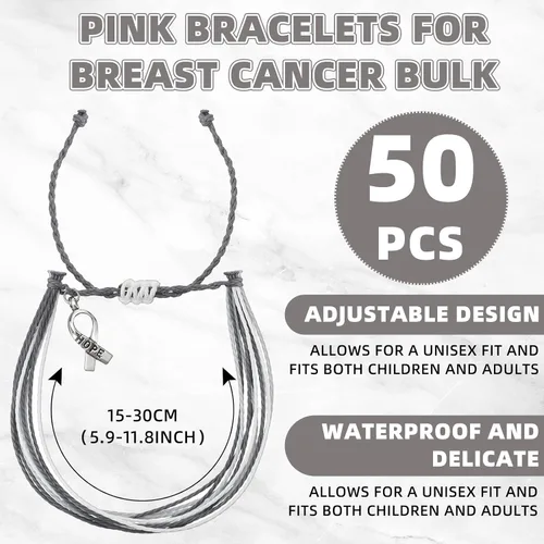 Vista 2 de Huquary 50 pulseras trenzadas de cinta rosa con colgante ajustable para el cáncer de mama, accesorios de regalo para el cáncer de mama, 50