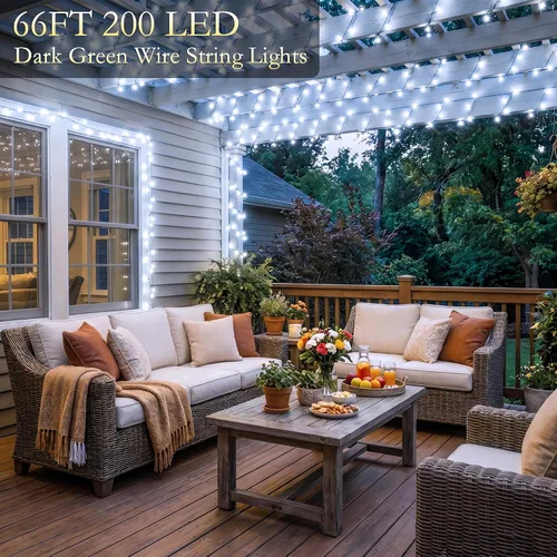 Vista 2 de Tira de luces de Navidad para interiores y exteriores, impermeable, 200 luces LED, 66 pies, 8 modos, luz blanca fría, para decoraciones de la casa