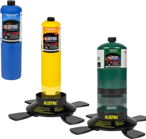 Vista 2 de BLUEFIRE Soporte de cilindro de gas de combustible de doble uso para acampar y soldar con forma de estrella, base de botella de propano MAPP MAP