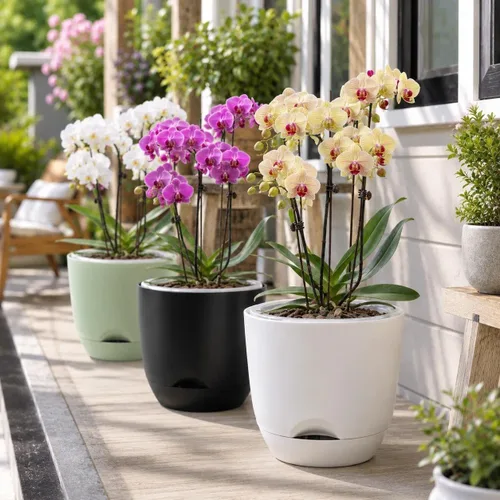 Vista 7 de Macetas de orquídeas blancas de 5.7 pulgadas con agujeros para trasplantar, macetas de plástico de doble capa de riego automático para plantas