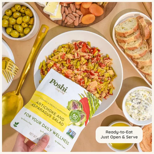 Vista 6 de POSHI Ensalada natural de alcachofas y espárragos, ceto, vegana, sin OMG, baja en carbohidratos + calorías, sin gluten, lista para comer, verduras