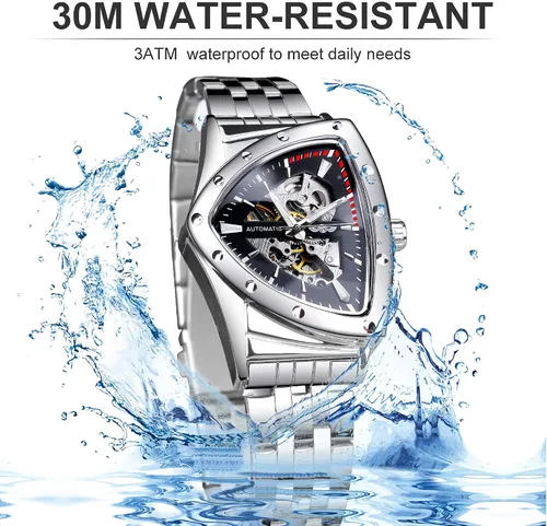 Vista 7 de FORSINING Reloj mecánico automático triangular Gold Shield esfera de gran tamaño diseño de esfera totalmente hueca movimiento automático correa