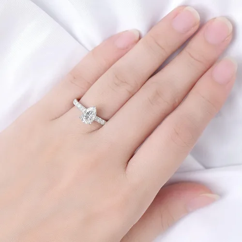 Vista 4 de DovEggs Center 2ct 6X9mm G-H-I Color Pear Shaped Moissanite Hidden Halo Engagement Ring Curved Enhancer Guard with accents 14k Gold QUALITY Silver