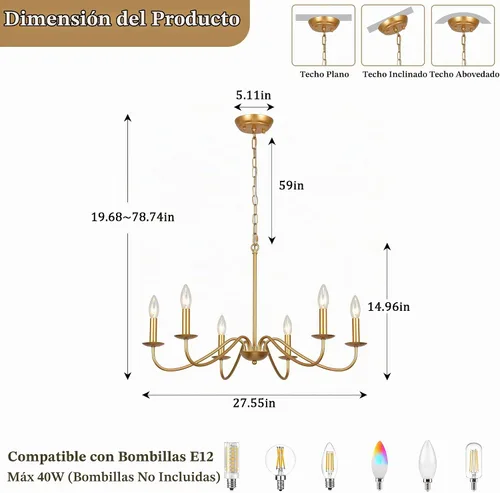 Vista 3 de Candelabro dorado de 6 luces, modernos candelabros de granja para comedor, iluminación colgante de vela rústica para dormitorio, vestíbulo, sala