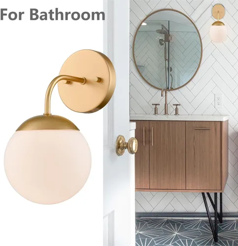 Vista 3 de [Usado] Juego de 2 apliques de pared dorados de estilo nórdico moderno con forma de globo lechoso para tocador de baño