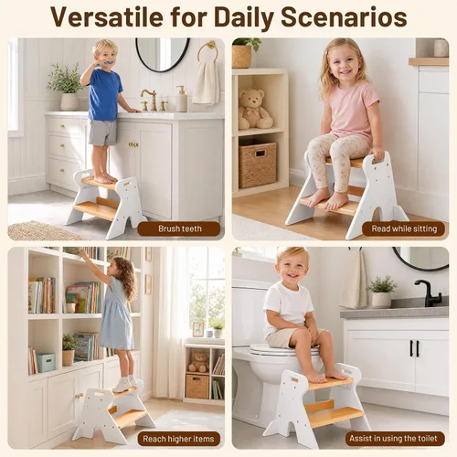 Vista 6 de COSYLAND Wooden Toddler Step Stool for Kids Bathroom Kitchen 2 Tier White & Natural