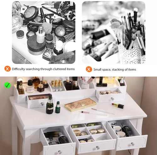 Vista 6 de Tocador de maquillaje con luces, escritorio grande con 3 modos de iluminación y brillo ajustable, escritorio desmontable con cajones y estantes