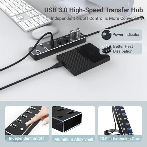 Vista 4 de Hub USB 3.0 Hub USB de 7 puertos con cable de 2 pies de largo Hub USB de aluminio para portátil y PC con interruptor de encendido/apagado individual