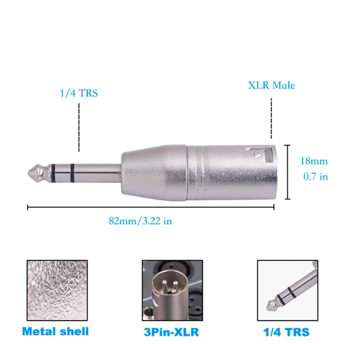Vista 3 de Paquete de 2 adaptadores TRS a XLR de 1/4, adaptador equilibrado de 1/4 de pulgada macho a XLR macho para mezclador, micrófono