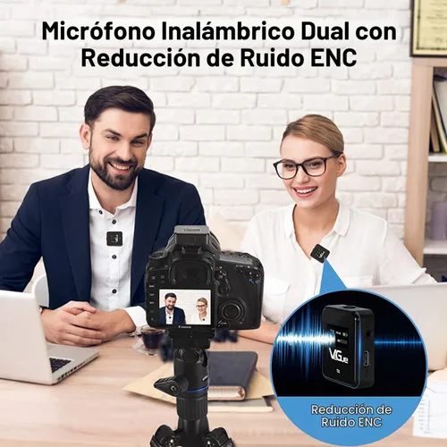 Vista 2 de VeGue Sistema de micrófono inalámbrico Lavalier, micrófono de solapa inalámbrico de doble canal de 2.4 GHz con cancelación de ruido para cámaras