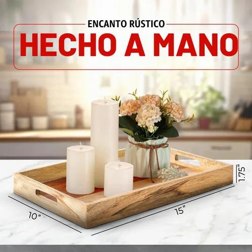 Vista 3 de Mela Artisans - Bandeja rectangular de madera de mango para servir, natural Bordes rectangulares