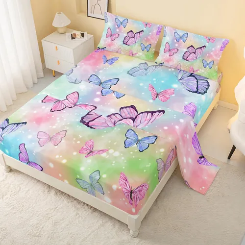 Vista 11 de CVHouse Juego de sábanas de mariposa arcoíris tamaño Queen para niñas, niños, adolescentes – Juego de ropa de cama ajustable de 4 piezas B1