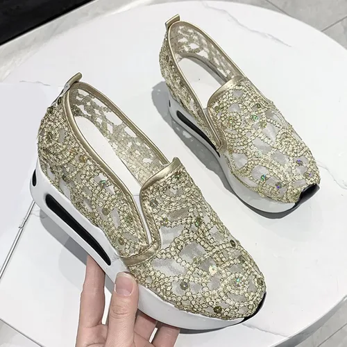 Vista 3 de Hbeylia Zapatos deportivos de plataforma con plataforma para mujer, diseño de lentejuelas y malla de encaje, suela gruesa, tacones altos ocultos