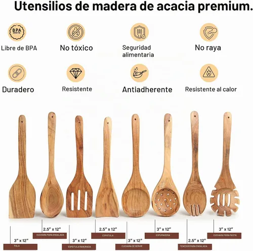 Vista 2 de Juego de 8 utensilios de cocina de madera de acacia, espátula de madera de 12 pulgadas de largo para cocinar, cucharas de madera antiadherentes