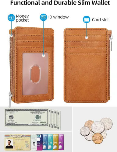 Vista 2 de Cartera delgada minimalista con bolsillo frontal, bloqueo RFID, tarjetero con ventana para identificación, 6 ranuras para tarjetas, cartera