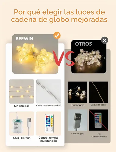 Vista 9 de Guirnalda de luces de globo, 10 pies 30 LED luces decorativas de Navidad, 8 modos de luces de bola de cristal agrietado, luces de hadas parpadeantes