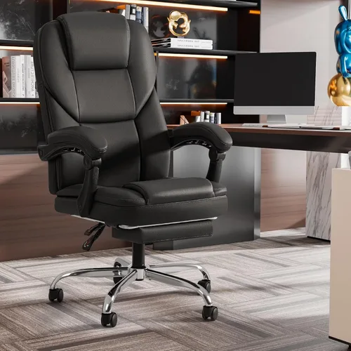 Vista 7 de Shahoo Silla de oficina ejecutiva con masaje, asientos ergonómicos reclinables de cuero con respaldo alto con reposapiés y soporte lumbar, grande