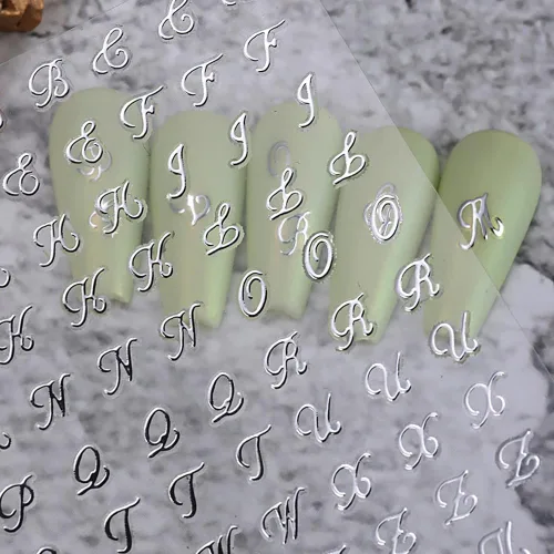 Vista 7 de Calcomanías de uñas con letras, 8 hojas de calcomanías de uñas con letras en inglés antiguo, 3D, autoadhesivas, doradas, plateadas, negras, blancas