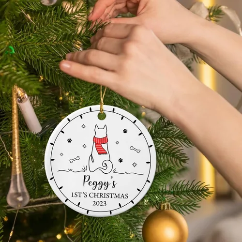 Vista 3 de Adorno personalizado de primera Navidad para perro, adorno de cerámica para la primera Navidad del cachorro, decoración de árbol de Navidad, adorno