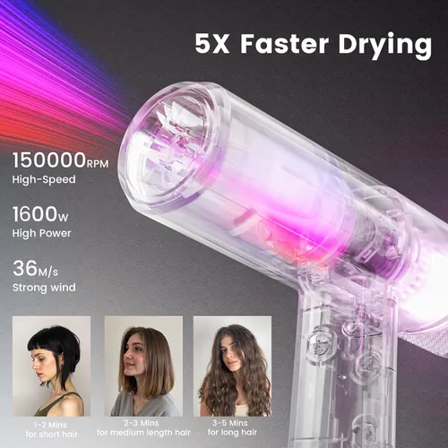 Vista 2 de Secador de pelo iónico profesional con difusor, secador iónico de bajo ruido de alta velocidad, potente motor de 1600 vatios para secado rápido