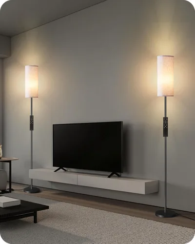 Vista 32 de Paquete de 2 lámparas de pie rosas regulables para sala de estar con 2 controles remotos e interruptor de pie, lámpara de pie de esquina, lámpara