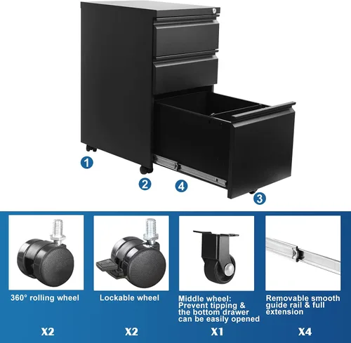 Vista 4 de Archivador clásico de 3 cajones de 15.4 pulgadas de ancho con cerradura, gabinetes de llenado de metal para tamaño legal/carta para oficina en casa