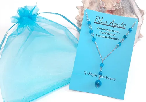 Vista 3 de Natural Crystal Bead Blue Agate Stone Y Shaped Lariat Necklace Non-Tarnish Steel Chain