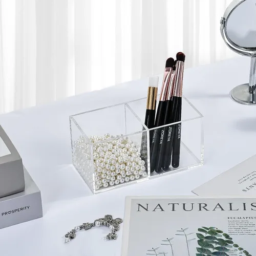 Vista 7 de Organizador de brochas de maquillaje de acrílico transparente para escritorio, cubo cuadrado, 3 piezas, soporte de almacenamiento para brochas