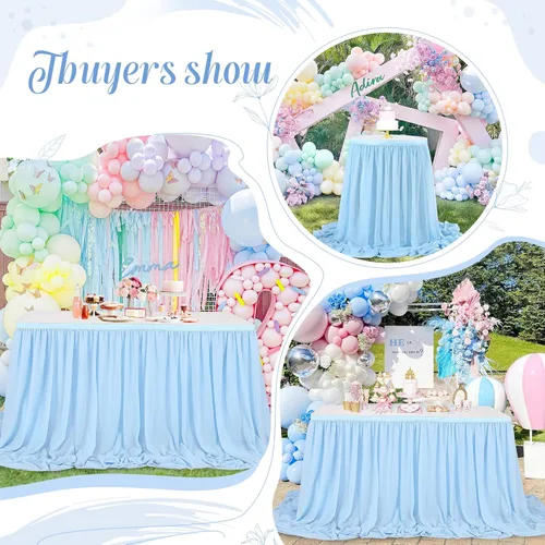Vista 5 de QueenDream Falda de mesa de gasa azul bebé de 6 pies para mesa rectangular, mantel transparente para baby shower, boda, cumpleaños, fiesta temática