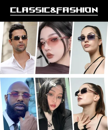 Vista 2 de Heptagram - Lentes de sol rectangulares sin montura para mujeres y hombres, gángster de los años 90, sin marco, retro, vintage, de moda