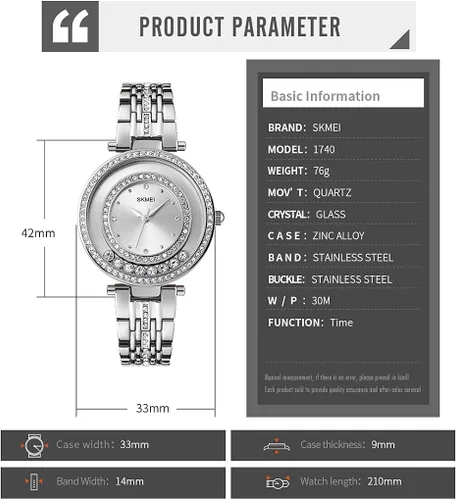 Vista 6 de SKMEI Lady Watches for Women Female Bling Dress Fashion Luxury Diamond Business Casual Analog Quartz Waterproof Stainless Steel Wristwatches Gifts