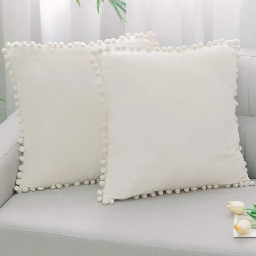 Vista 11 de Juego de 2 fundas para cojines decorativos de terciopelo sólido suave con borde de pompones