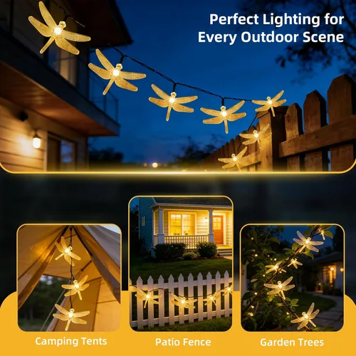 Vista 8 de ASFSKY Luces solares de libélula al aire libre 50 LED libélula luces impermeables blanco cálido