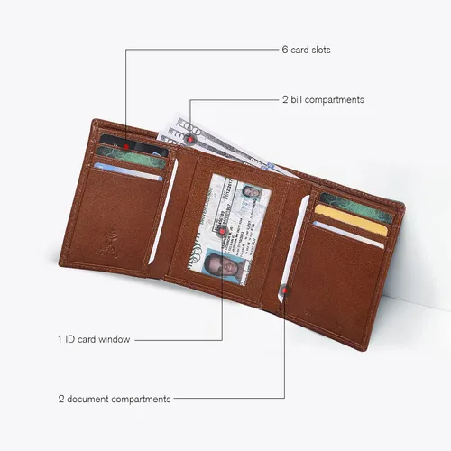 Vista 2 de ESTALON Billeteras delgadas RFID para hombre - Cartera de cuero genuino con bolsillo frontal triple, Beige Bronceado, Billetera triple