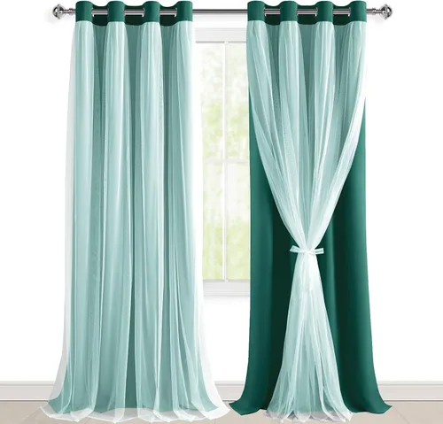 Vista 31 de Hiasan Cortinas opacas con superposición transparente, aislamiento térmico para mezclar y combinar de doble capa, cortinas de oscurecimiento de Beige
