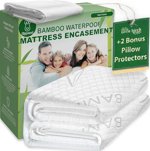 Vista 7 de Protector de colchón de rayón de bambú con cremallera + 1 protector de almohada, 100% impermeable, refrescante, tamaño individual, tela ultrasuave