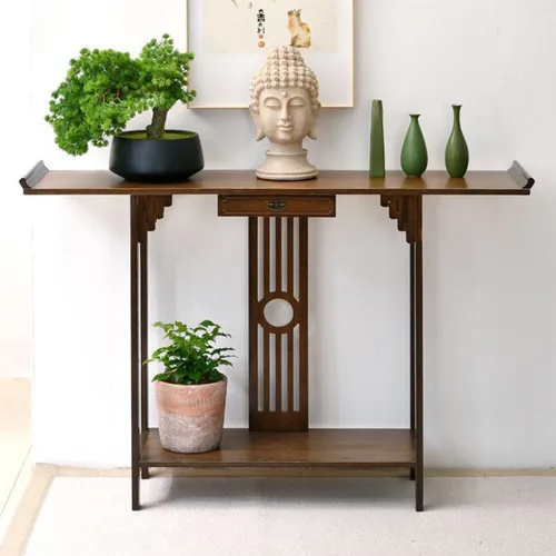 Vista 11 de Gdrasuya10 Mesa de sofá consola de bambú de nogal de 40 pulgadas, mesa de sofá vintage, mesa de consola estrecha y larga, estilo japonés, mesa