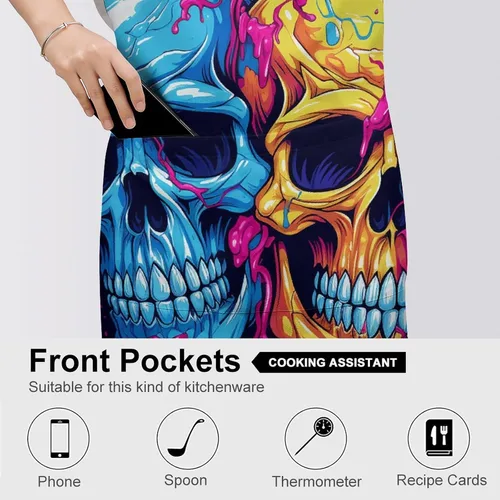 Vista 5 de Personalized Two Different Skulls Adult Apron, Kitchen Cooking Aprons for Woman Man, Adjustable Bib Apron with Pocket for Baking, BBQ Crafting