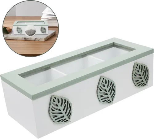 Vista 9 de Small Wooden Tea Bag Storage Box with 3 Compartments and Hollow Lid