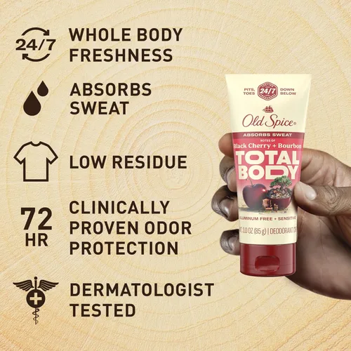 Vista 3 de Old Spice Crema desodorante para todo el cuerpo para hombres, sin aluminio, cereza negra + aroma a borbón, protección contra olores 24/7, frescura