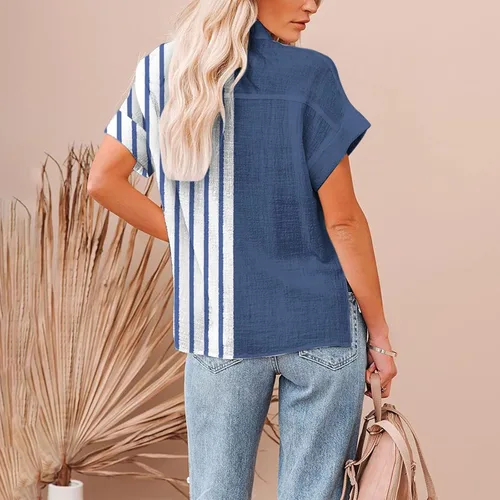 Vista 4 de Camisa de manga corta con cuello abierto para mujer, con múltiples botones, blusa casual de lino y algodón para verano