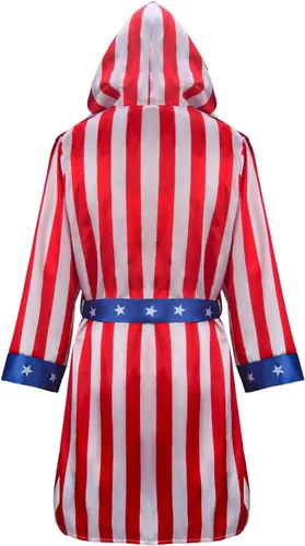 Vista 4 de NIHONCOS Disfraz de boxeo para hombre, bata de satén con bandera estadounidense con capucha, pantalones cortos, cinturón, capa de Halloween, disfraz