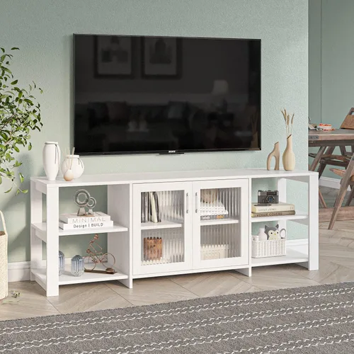 Vista 4 de Panana Soporte de TV de 2 puertas, mueble de 4 puertas para sala de estar para televisores de hasta 70 pulgadas (blanco)